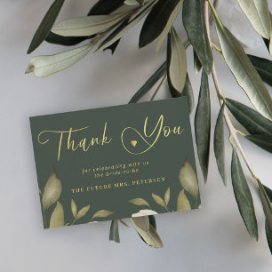 Elegant bridal shower green gold script thank you card