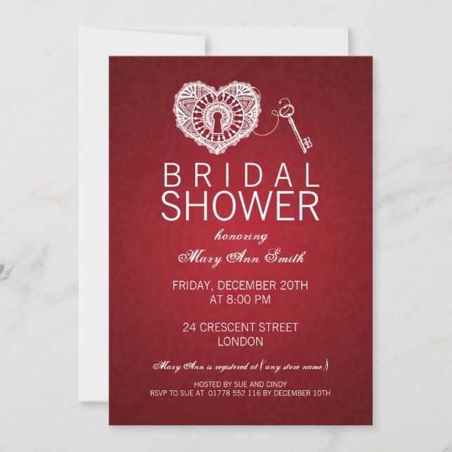 Elegant Bridal Shower Key To My Heart Red Invitation (Front)