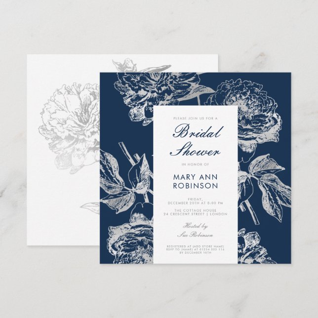 Elegant Bridal Shower Party Floral Silver Navy Invitation (Front/Back)