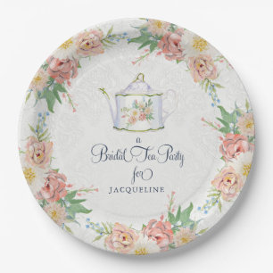 Elegant Bridal Shower Pink n White Painted Floral Paper Plate