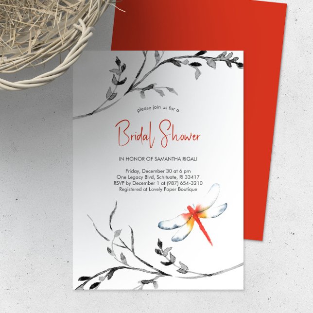 Elegant Bridal Shower Red Dragonfly Invitation (Bridal shower invitation watercolor red dragonfly art by Victoria Grigaliunas of Do Tell A Belle)