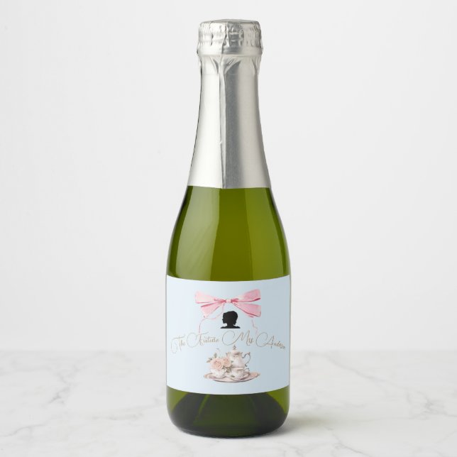 Elegant Bridal Shower Regency Bow Silhouette Blue Sparkling Wine Label (Front)
