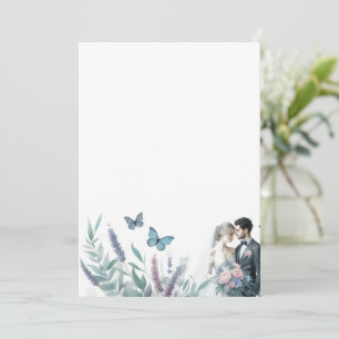 Elegant Bride and Groom with Lavender Invitation