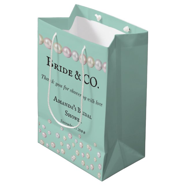 Elegant Bride & Co Teal Blue Pearl Bridal Shower Medium Gift Bag (Front Angled)