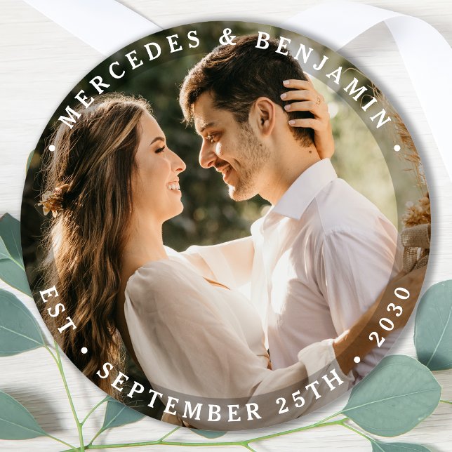 Elegant Bride Groom Modern Photo Name Date Wedding Classic Round Sticker (Creator Uploaded)