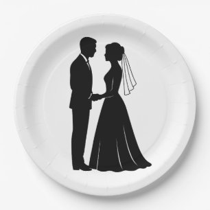Elegant Bride Groom Silhouette Black And White  Paper Plate