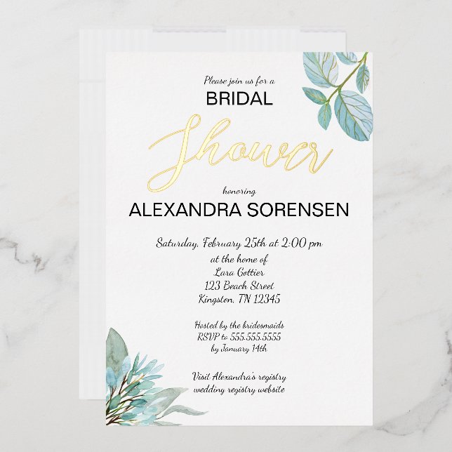 Elegant Bride Sage and Gold Shower Foil Invitation (Envelope)