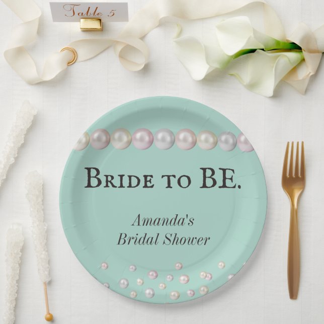 Elegant Bride to BE Teal Blue Pearl Bridal Shower Paper Plate (Wedding)