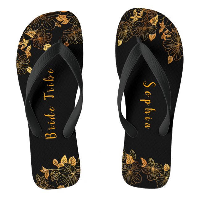 Elegant Bride Tribe Black & Gold Foliage Pattern Flip Flops (Footbed)