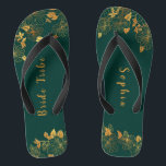 Elegant Bride Tribe Emerald Green & Gold Foliage  Flip Flops<br><div class="desc">These elegant bride tribe emerald green and gold foliage flip flops feature golden foliage pattern and modern typography on timeless dark green background. It's a beautiful gift for your bridal tribe. View the collection on this page to find matching items. ♥Customize it with your information. ♥ If you want to...</div>