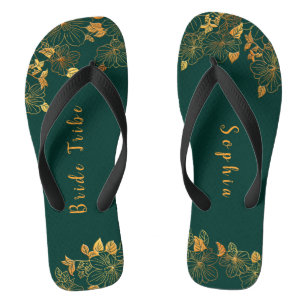 Elegant Bride Tribe Emerald Green & Gold Foliage  Flip Flops