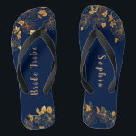Elegant Bride Tribe Gold Foliage Navy Blue Flip Flops<br><div class="desc">These elegant bride tribe gold foliage pattern navy blue flip flops have a dark blue background that is adorned with an intricate gold floral greenery pattern and customizable modern typography. The combination of the rich navy and the shimmering gold create an elegant and luxurious aesthetic. It's a beautiful gift for...</div>