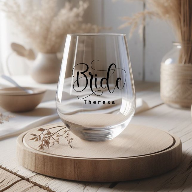 Elegant Bride Whimsical Calligraphy Script Stemless Wine Glass (Creator Uploaded)