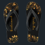 Elegant Bridesmaid Black & Gold Foliage Pattern Flip Flops<br><div class="desc">These elegant bridesmaid black and gold foliage pattern flip flops boasts a luxurious black and gold palette, with a stunning golden floral pattern and modern typography set against a black background, exuding elegance and sophistication. It's a beautiful gift for your bridal party. View the collection on this page to find...</div>