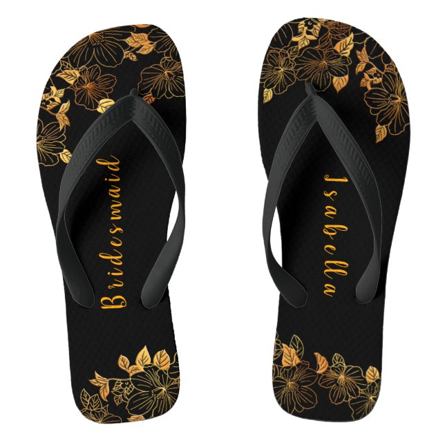Elegant Bridesmaid Black & Gold Foliage Pattern Flip Flops (Footbed)