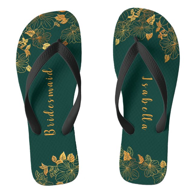 Elegant Bridesmaid Emerald Green & Gold Foliage  Flip Flops (Footbed)