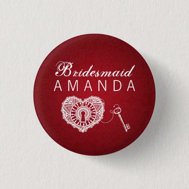 Elegant Bridesmaid Favour Key To My Heart Red 1 Inch Round Button (Front)