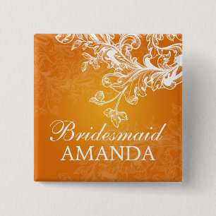 Elegant Bridesmaid Favour Vintage Swirls Orange 2 Inch Square Button