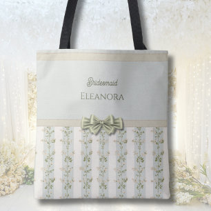 Elegant Bridesmaid Floral Stripes Coquette Bow Tote Bag