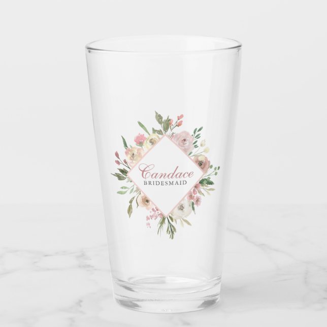 Elegant Bridesmaid Pink Floral Personalized Glass (Front)