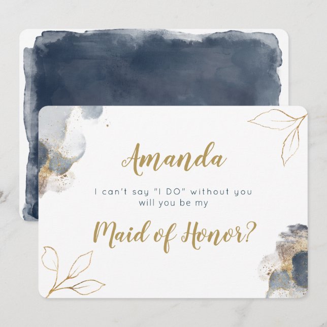 Elegant Bridesmaid proposal card navy and gold (Front/Back)