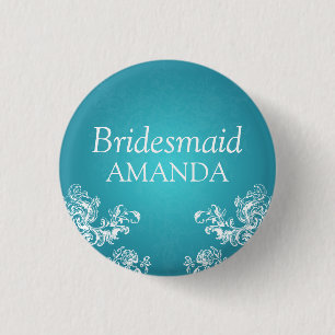 Elegant Bridesmaid Vintage Swirls 2 Turquoise 1 Inch Round Button