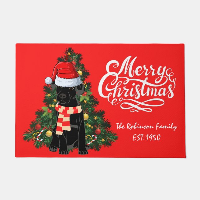 Elegant bright black labrador Christmas family red Doormat (Front)