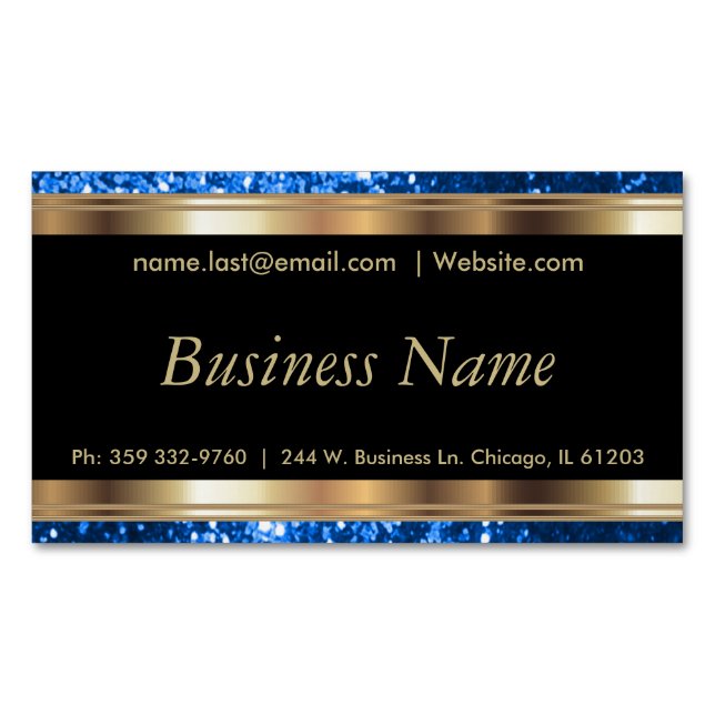 Elegant Bright Blue Glitter and Black and Gold Magnetic Business Card (Front)