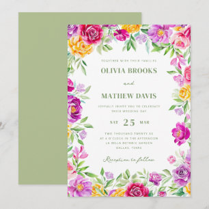 Elegant Bright Colourful Watercolor Floral Wedding Invitation