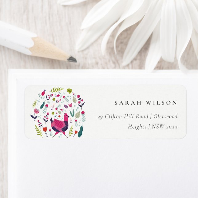 Elegant Bright Folk Farm Floral Birdie Address (Insitu)
