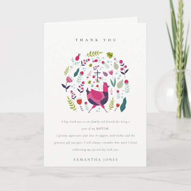 Elegant Bright Folk Farm Floral Birdie Baptism Thank You Card (Front)