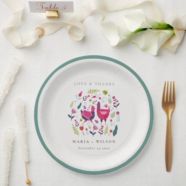Elegant Bright Folk Farm Floral Love Birds Wedding Paper Plate (Wedding)