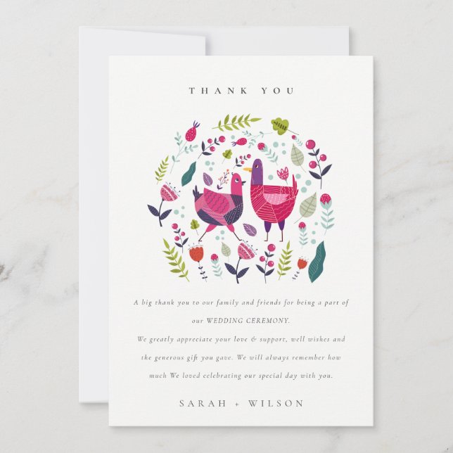 Elegant Bright Folk Farm Floral Love Birds Wedding Thank You Card (Front)