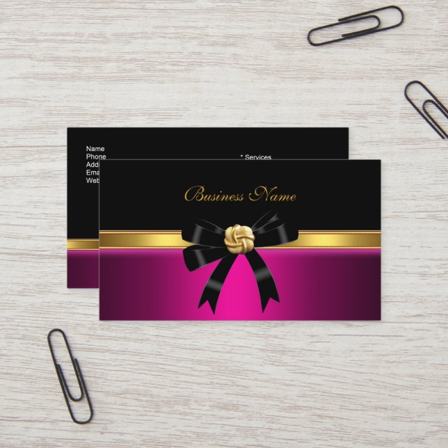 Elegant Bright Pink Black Gold Jewel Bow Business Card (Front/Back In Situ)
