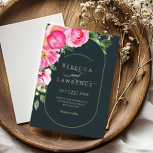 Elegant bright pink floral arch wedding invitation