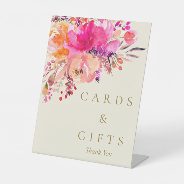 Elegant Bright Pink Floral Wedding Cards and Gifts Pedestal Sign (Front)