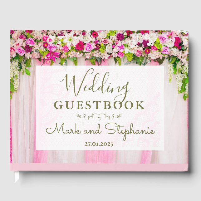 Elegant Bright Pink Floral Wedding guestbook (Front)