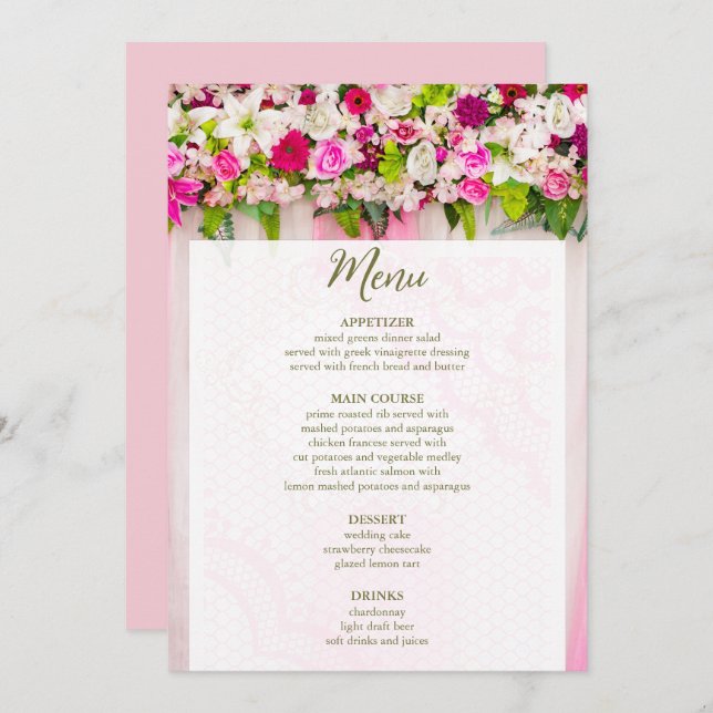 Elegant Bright Pink Floral Wedding Menu (Front/Back)