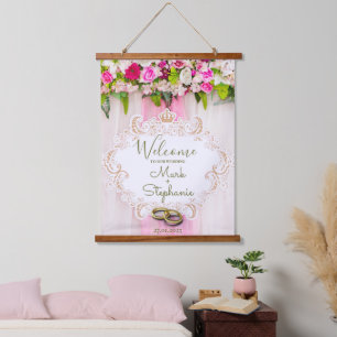 Elegant Bright Pink Floral Wedding Welcome sign Hanging Tapestry