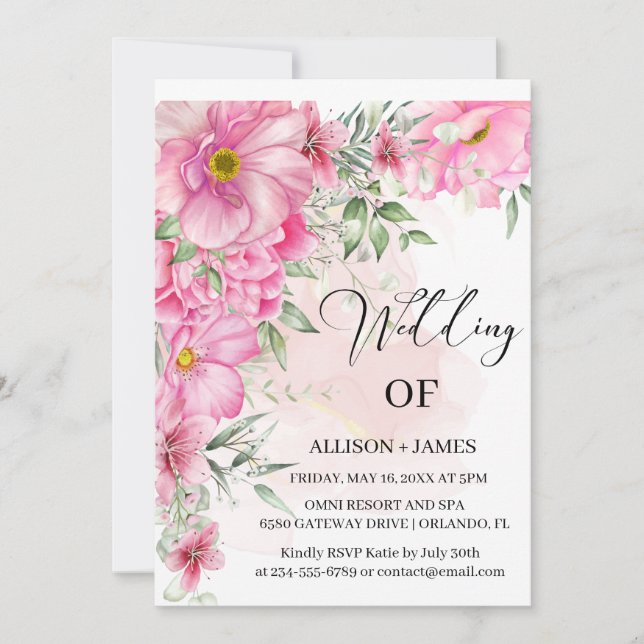 Elegant Bright Pink Watercolor Floral Wedding  Invitation (Front)
