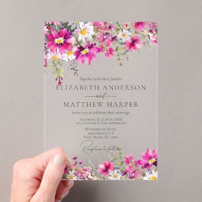 Elegant Bright Pink Wildflowers Floral Wedding Acrylic Invitations (Insitu (Handheld))