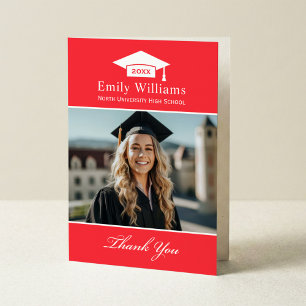 Elegant Bright Red Personalized Graduation Photo Thank You Card