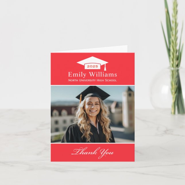 Elegant Bright Red Personalized Graduation Photo Thank You Card (Front)
