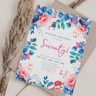 Elegant Bright Watercolor Floral 70th Birthday  Invitation