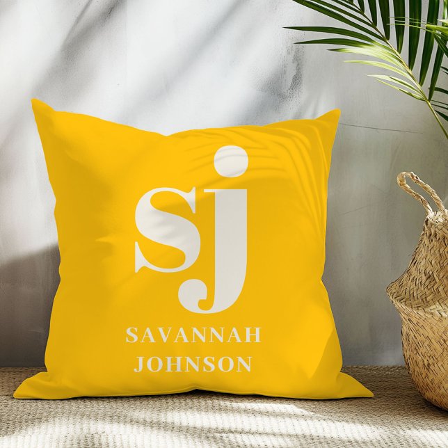 Elegant bright yellow monogram initials  throw pillow (Creator Uploaded)