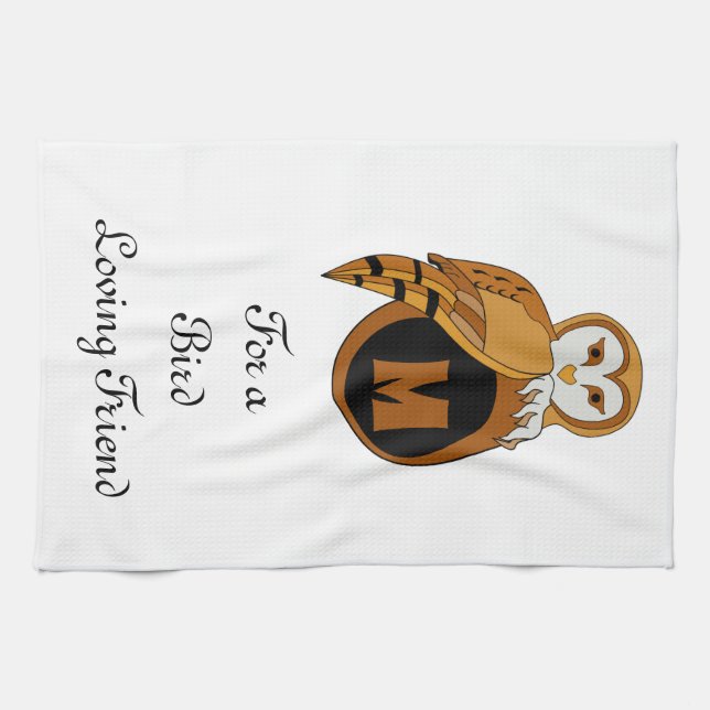 Elegant British Barn Owl Monogram Kitchen Towel (Horizontal)
