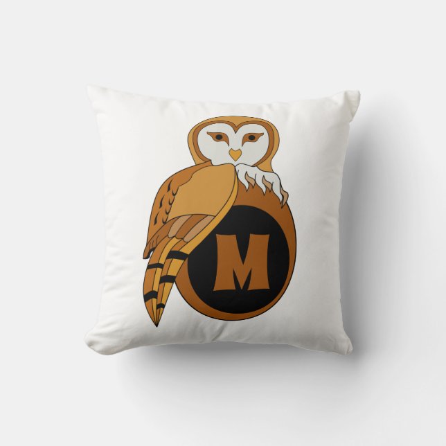 Elegant British Barn Owl Monogram Throw Pillow (Front)