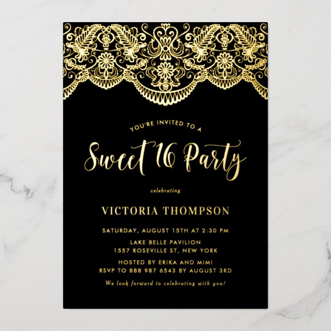 Elegant Brocade Lace Black Sweet 16 Party (Front)