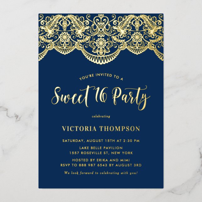 Elegant Brocade Lace Navy Blue Sweet 16 Party (Front)