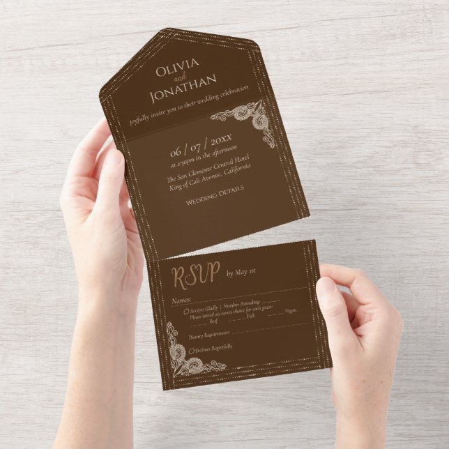 Elegant Bronz Ornate All in One Wedding Invitation (Tearaway)
